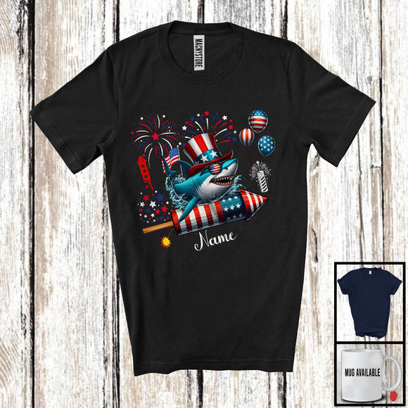 MacnyStore - Personalized Shark Riding Firecracker, Lovely 4th Of July USA Flag Custom Name, Fish Sea Animal T-Shirt