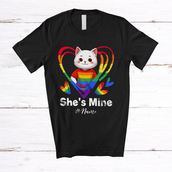 MacnyStore - Personalized She's Mine I'm Hers; Lovely LGBTQ Gay Rainbow Heart Cat; Custom Name Couple T-Shirt