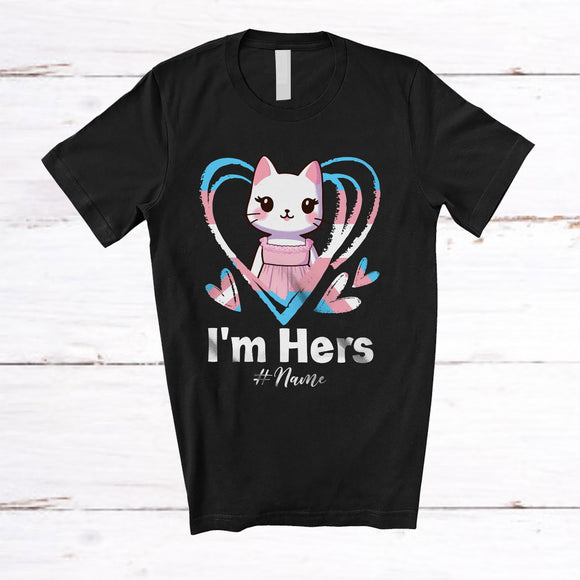MacnyStore - Personalized She's Mine I'm Hers; Lovely LGBTQ Transgender Flag Heart Cat; Custom Name Couple T-Shirt