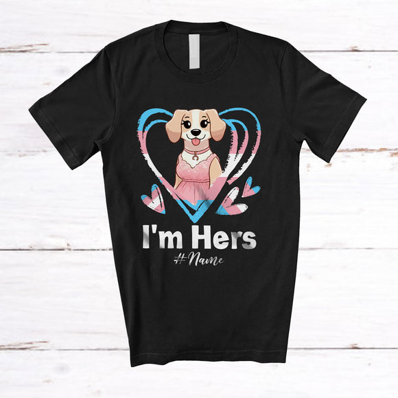MacnyStore - Personalized She's Mine I'm Hers; Lovely LGBTQ Transgender Flag Heart Dog; Custom Name Couple T-Shirt