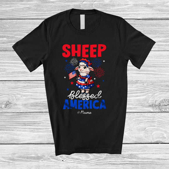 MacnyStore - Personalized Sheep Blessed America; Lovely 4th Of July Custom Name Sheep Farmer Women; Patriotic T-Shirt