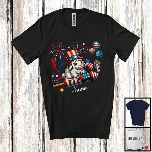 MacnyStore - Personalized Sheep Riding Firecracker, Lovely 4th Of July USA Flag Custom Name, Farm Animal T-Shirt