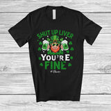 MacnyStore - Personalized Shut Up Liver You're Fine; Cheerful St. Patrick's Day Custom Name Leprechaun Drinking T-Shirt