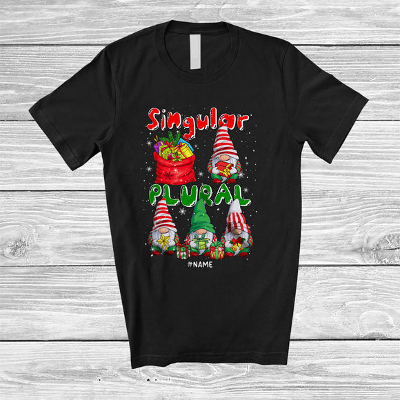 MacnyStore - Personalized Singular Plural; Adorable Christmas Four Gnomes; Custom Name Grammar Teacher T-Shirt