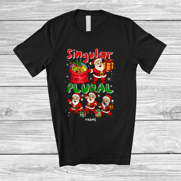 MacnyStore - Personalized Singular Plural; Adorable Christmas Four Santa; Custom Name Grammar Teacher T-Shirt