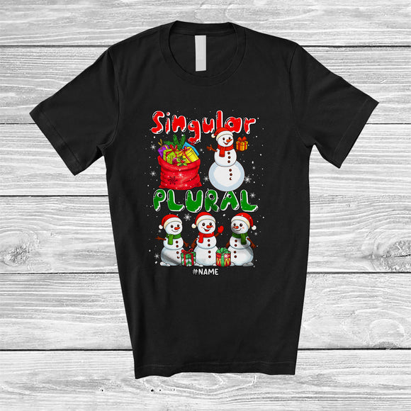 MacnyStore - Personalized Singular Plural; Adorable Christmas Four Snowman; Custom Name Grammar Teacher T-Shirt