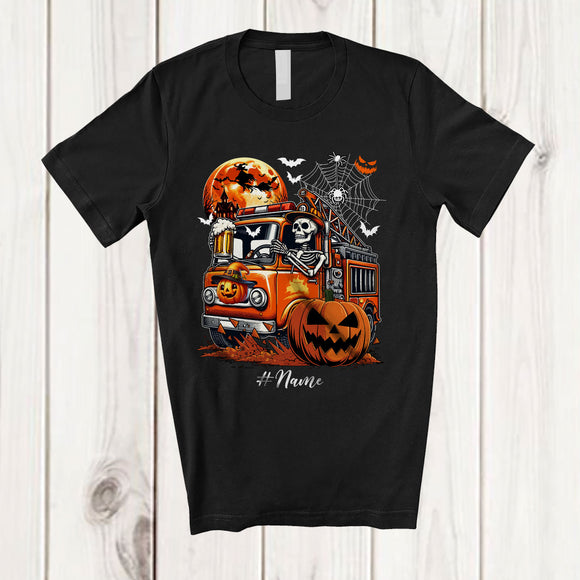MacnyStore - Personalized Skeleton Drinking Beer Driving Fire Truck; Joyful Halloween Custom Name Drunker T-Shirt