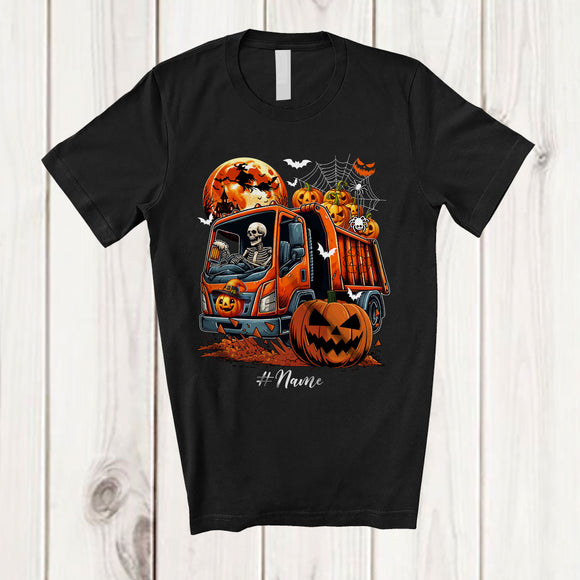 MacnyStore - Personalized Skeleton Drinking Beer Driving Garbage Truck; Joyful Halloween Custom Name Drunker T-Shirt