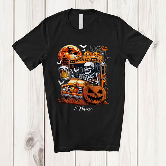 MacnyStore - Personalized Skeleton Drinking Beer Driving School Bus; Joyful Halloween Custom Name Drunker T-Shirt