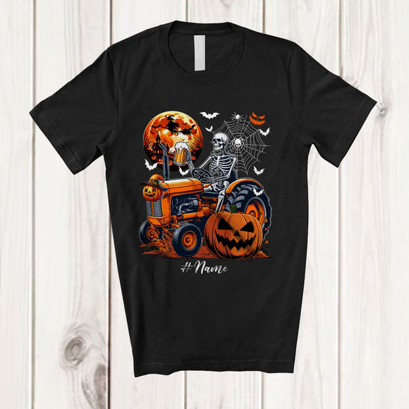 MacnyStore - Personalized Skeleton Drinking Beer Driving Tractor; Joyful Halloween Custom Name Drunker T-Shirt