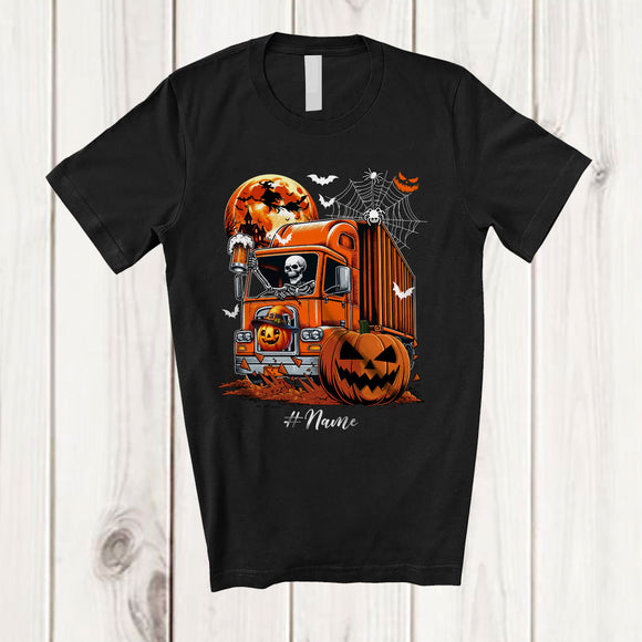 MacnyStore - Personalized Skeleton Drinking Beer Driving Truck; Joyful Halloween Custom Name Drunker T-Shirt