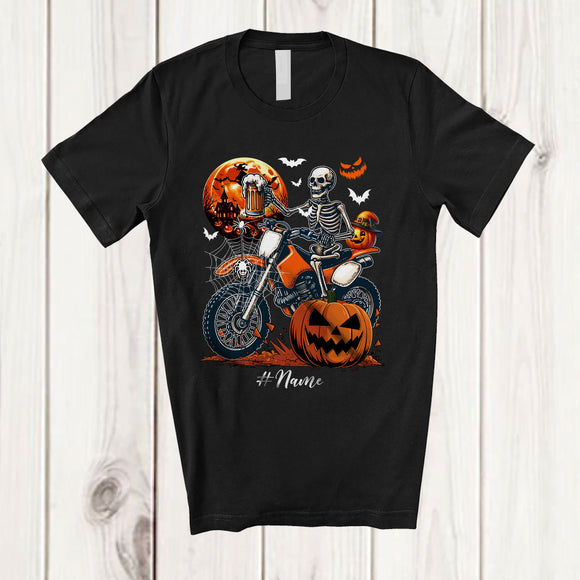 MacnyStore - Personalized Skeleton Drinking Beer Riding Dirt Bike; Joyful Halloween Custom Name Drunker T-Shirt