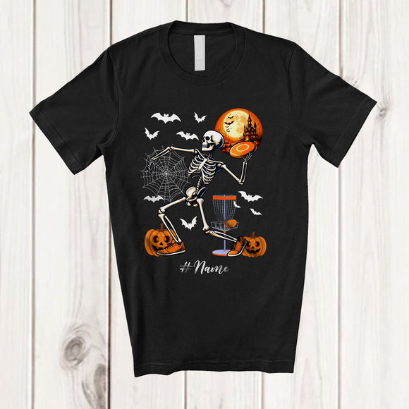 MacnyStore - Personalized Skeleton Playing Disc Golf; Joyful Halloween Moon Custom Name Sport Player Team T-Shirt