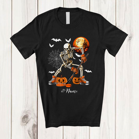 MacnyStore - Personalized Skeleton Playing Hockey; Joyful Halloween Moon Custom Name Sport Player Team T-Shirt