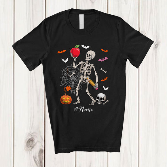 MacnyStore - Personalized Skeleton Teacher; Horror Halloween Custom Name Teacher Squad Job Proud Family T-Shirt