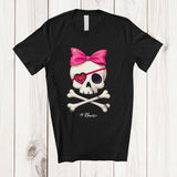 MacnyStore - Personalized Skull Pirate; Lovely Valentine Leopard Heart Pirate Skull; Custom Name Girl Couple T-Shirt