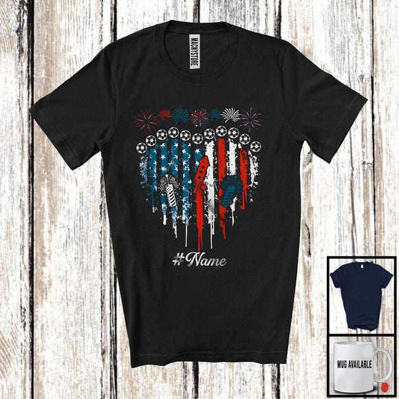 MacnyStore - Personalized Soccer Heart American Flag, Proud 4th Of July Custom Name Soccer Player Patriotic T-Shirt