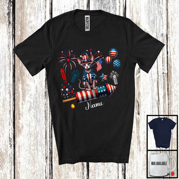 MacnyStore - Personalized Sphynx Cat Riding Firecracker, Lovely 4th Of July USA Flag Custom Name, Kitten Owner T-Shirt
