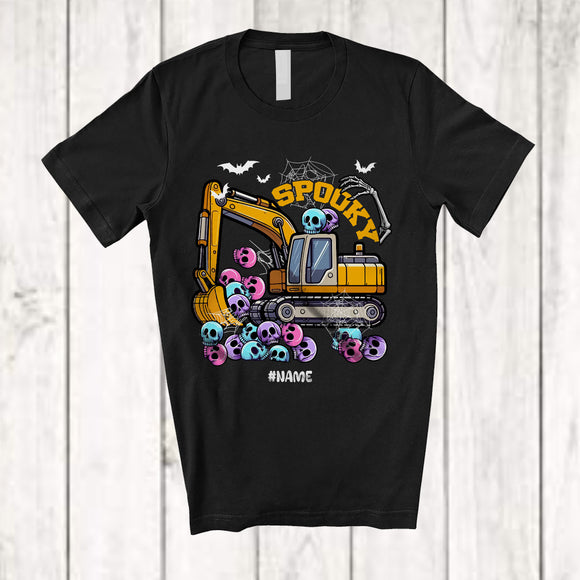 MacnyStore - Personalized Spooky Excavator; Amazing Halloween Custom Name Excavator Skull; Driving Driver T-Shirt