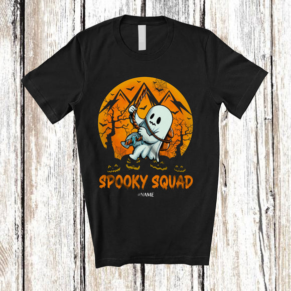 MacnyStore - Personalized Spooky Squad; Humorous Halloween Moon Custom Name Boo Ghost Climbing T-Shirt