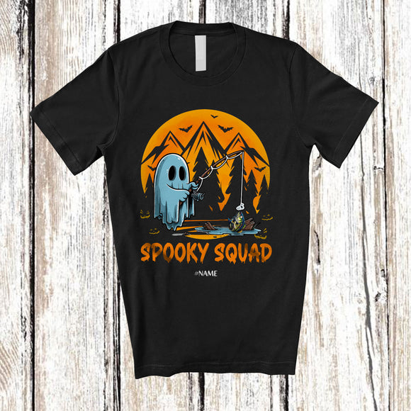 MacnyStore - Personalized Spooky Squad; Humorous Halloween Moon Custom Name Boo Ghost Fishing Fisherman T-Shirt