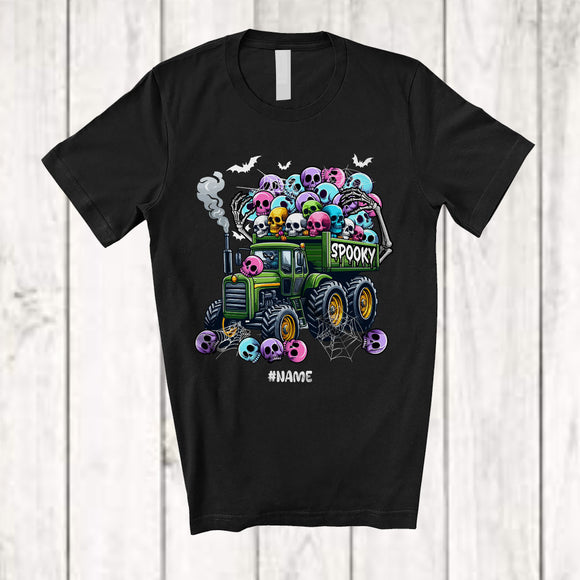 MacnyStore - Personalized Spooky Tractor; Amazing Halloween Custom Name Tractor Skull; Driving Driver T-Shirt