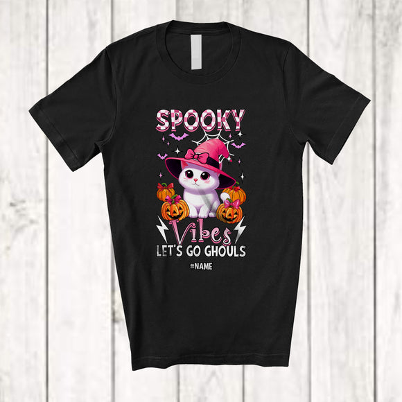 MacnyStore - Personalized Spooky Vibes Let's Go Ghouls; Lovely Halloween Custom Name Cat Pumpkin T-Shirt