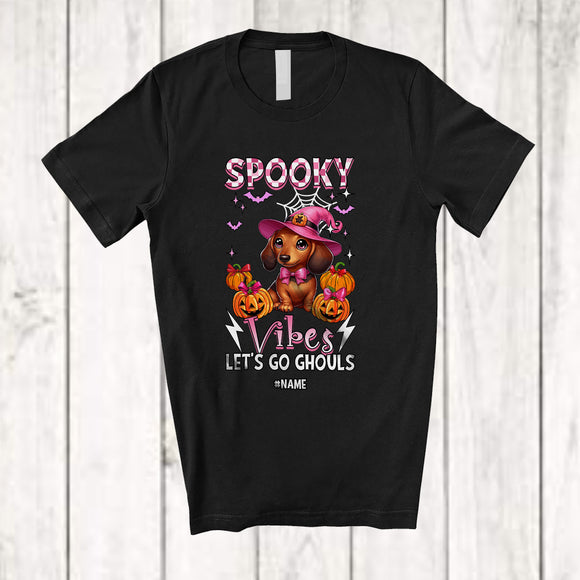 MacnyStore - Personalized Spooky Vibes Let's Go Ghouls; Lovely Halloween Custom Name Dachshund Pumpkin T-Shirt