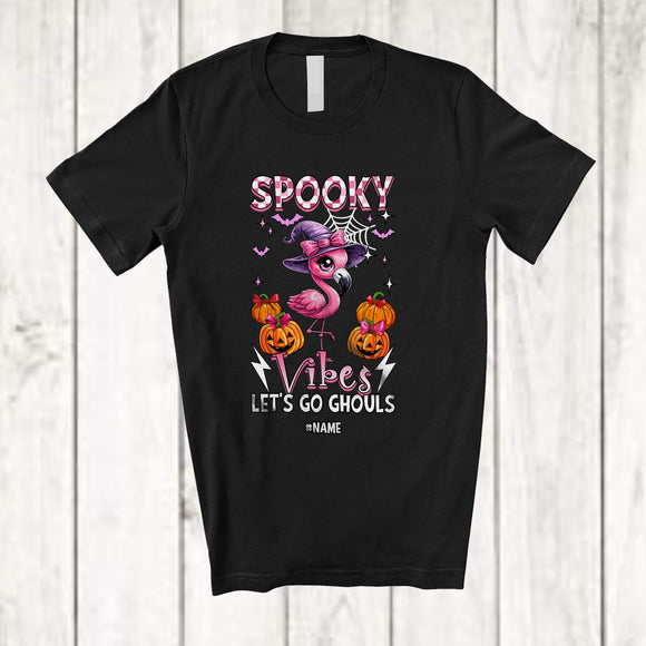 MacnyStore - Personalized Spooky Vibes Let's Go Ghouls; Lovely Halloween Custom Name Flamingo Pumpkin T-Shirt