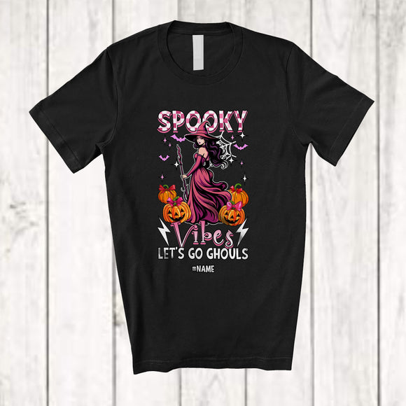 MacnyStore - Personalized Spooky Vibes Let's Go Ghouls; Lovely Halloween Custom Name Witch Pumpkin T-Shirt
