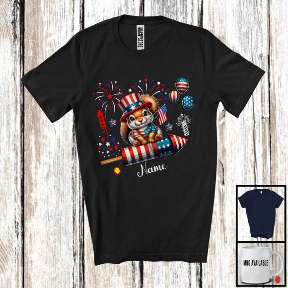 MacnyStore - Personalized Squirrel Riding Firecracker, Lovely 4th Of July USA Flag Custom Name, Zoo Animal T-Shirt