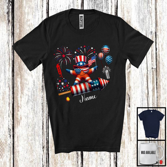 MacnyStore - Personalized Starfish Riding Firecracker, Lovely 4th Of July USA Flag Custom Name, Fish Sea Animal T-Shirt