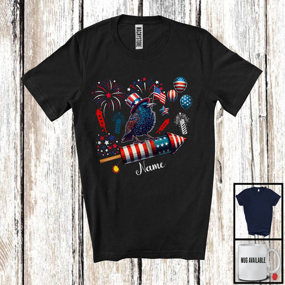 MacnyStore - Personalized Starling Riding Firecracker, Lovely 4th Of July USA Flag Custom Name, Bird Animal T-Shirt