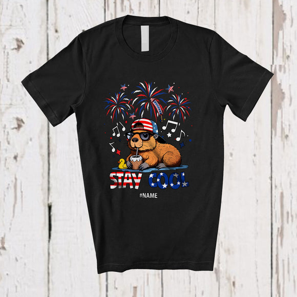 MacnyStore - Personalized Stay Cool; Proud 4th Of July Custom Name Capybara Sunglasses at Beach; Patriotic T-Shirt