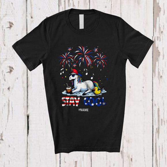 MacnyStore - Personalized Stay Cool; Proud 4th Of July Custom Name Unicorn Sunglasses at Beach; Patriotic T-Shirt