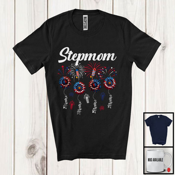MacnyStore - Personalized Stepmom, Amazing 4th Of July Sunflowers, Fireworks Custom Name Family Patriotic T-Shirt