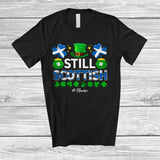 MacnyStore - Personalized Still Scottish; Lovely St. Patrick's Day Custom Name Leprechaun Scottish Flag; Family T-Shirt
