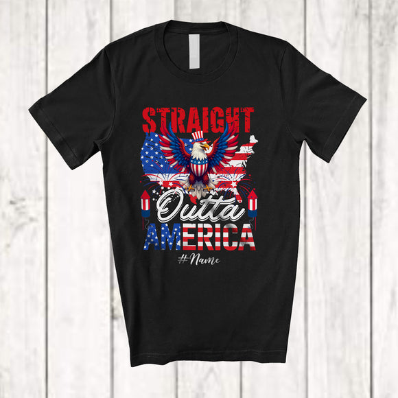 MacnyStore - Personalized Straight Outta America; Awesome 4th Of July US Flag Eagle; Custom Name Patriotic T-Shirt