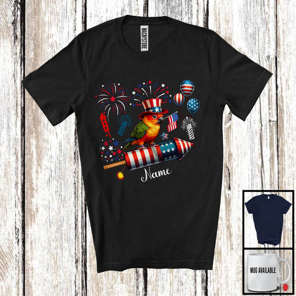 MacnyStore - Personalized Sun Conure Riding Firecracker, Lovely 4th Of July USA Flag Custom Name, Bird Animal T-Shirt