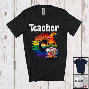 MacnyStore - Personalized Teacher, Colorful LGBTQ Pride Sunflower Gnome, Custom Name Gay Flag Rainbow T-Shirt