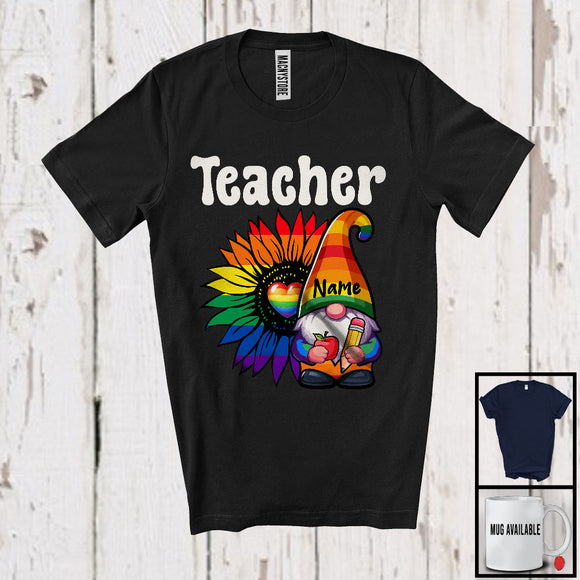 MacnyStore - Personalized Teacher, Colorful LGBTQ Pride Sunflower Gnome, Custom Name Gay Flag Rainbow T-Shirt