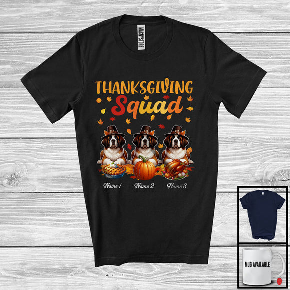 MacnyStore - Personalized Thanksgiving Squad, Lovely Three Pilgrim St. Bernards, Custom Name Fall Leaves T-Shirt