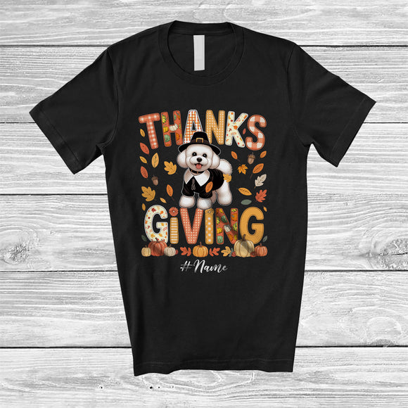 MacnyStore - Personalized Thanksgiving; Lovely Plaid Custom Name Pilgrim Bichon Frise Owner; Fall Leaf Family T-Shirt