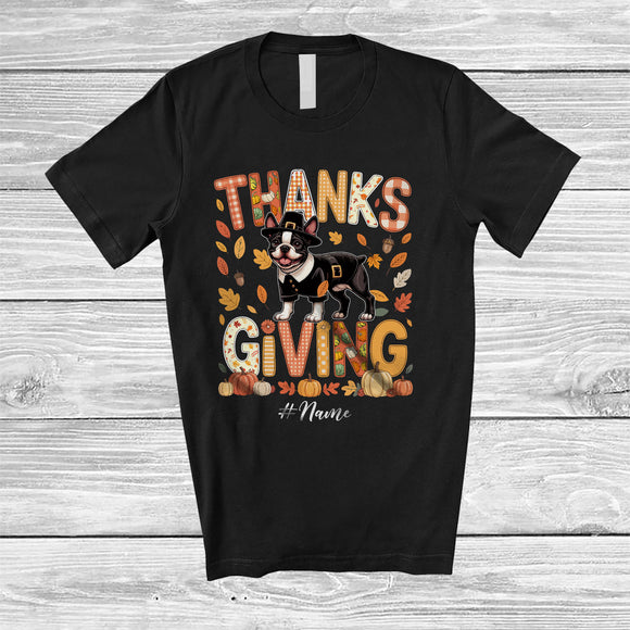 MacnyStore - Personalized Thanksgiving; Lovely Plaid Custom Name Pilgrim Boston Terrier Owner; Fall Leaf Family T-Shirt