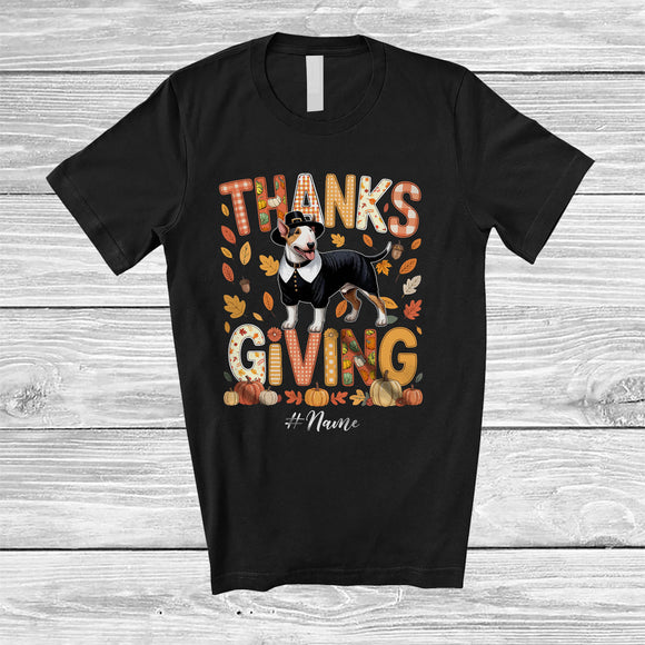 MacnyStore - Personalized Thanksgiving; Lovely Plaid Custom Name Pilgrim Bull Terrier Owner; Fall Leaf Family T-Shirt