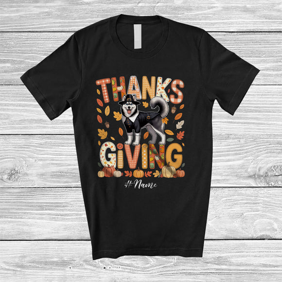 MacnyStore - Personalized Thanksgiving; Lovely Plaid Custom Name Pilgrim Husky Owner; Fall Leaf Family T-Shirt