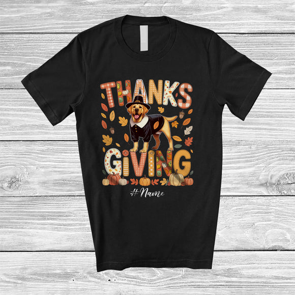 MacnyStore - Personalized Thanksgiving; Lovely Plaid Custom Name Pilgrim Labrador Retriever Owner; Fall Leaf T-Shirt