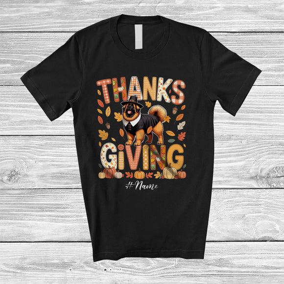 MacnyStore - Personalized Thanksgiving; Lovely Plaid Custom Name Pilgrim Leonberger Owner; Fall Leaf Family T-Shirt