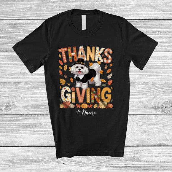 MacnyStore - Personalized Thanksgiving; Lovely Plaid Custom Name Pilgrim Maltipoos Owner; Fall Leaf Family T-Shirt