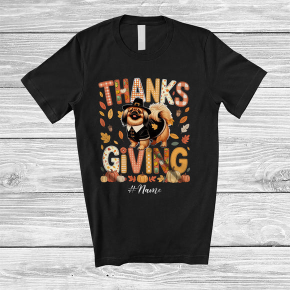 MacnyStore - Personalized Thanksgiving; Lovely Plaid Custom Name Pilgrim Pekingese Owner; Fall Leaf Family T-Shirt